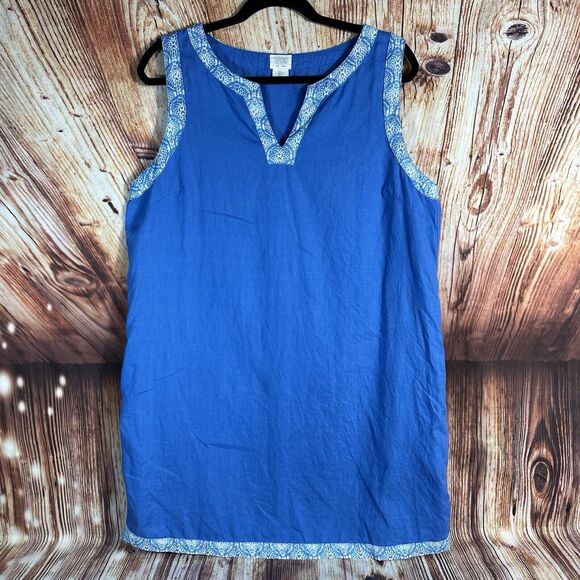 Sigrid Olsen Sz Large Blue V Neck Sleeveless 100% Linen Sheath Shift Midi Dress - Picture 1 of 7